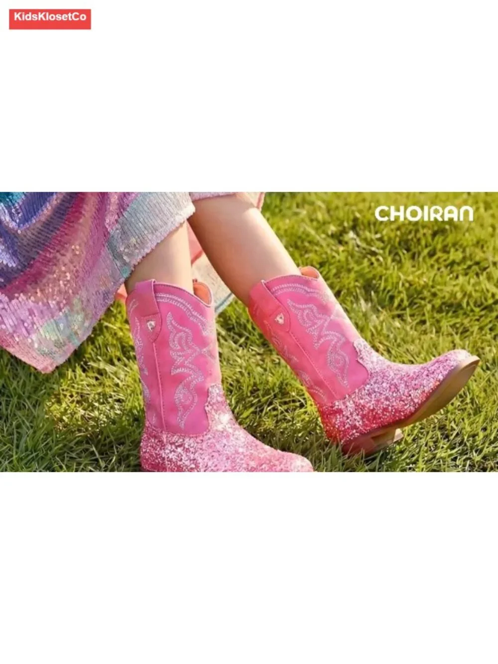 Girls Boys Unisex Western Cowboy Boots Glitter Embroidered Mid Calf Riding